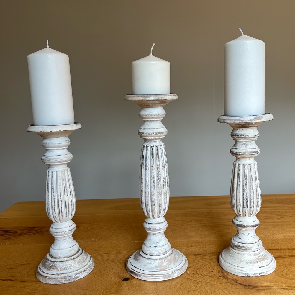 Home decor. Pillar candlesticks. Distressed white farmhouse style.